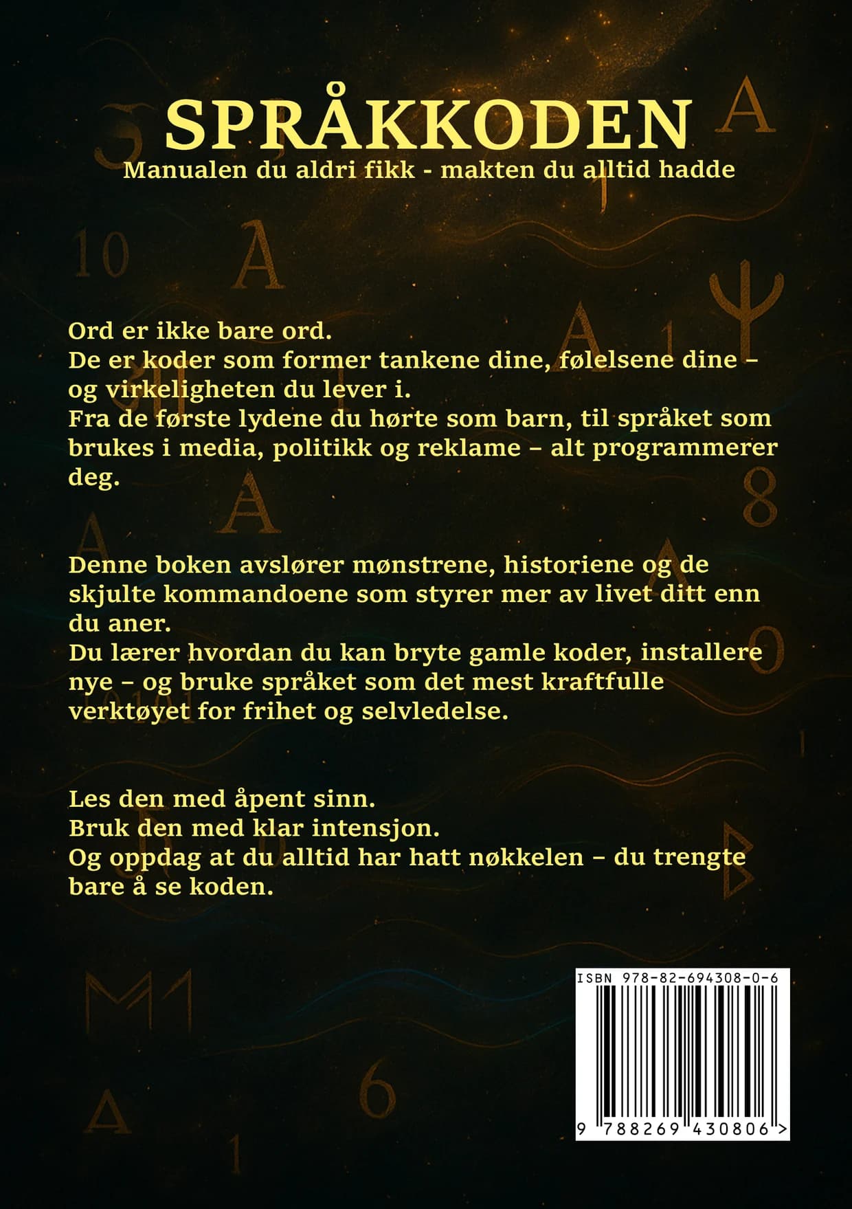 Baksiden av boka Språkkoden med baksidetekst.